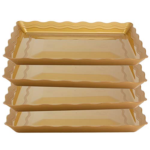 4 Pack Rectangular Plastic Trays, Heavyweight Disposable Serving Party Platters, (Gold)