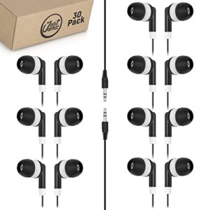 bulk earbuds 30 pack | basic earbuds, dot headphones, black in-ear earbuds, disposable headphones, 3.5 mm audio jack stereo earphones for schools, kids, classrooms & libraries