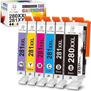 miss deer compatible 280 281 ink cartridges, replacement for canon pgi-280xxl cli-281xxl pgi280 cli281 for canon pixma ts9120 ts8120 ts8220 ts8320 ts8100 ts8200 ts9100 (6 pack with photo blue)