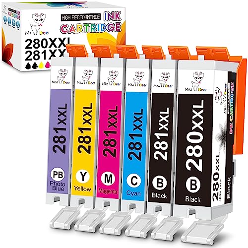 Miss Deer Compatible 280 281 Ink Cartridges, Replacement for Canon PGI-280XXL CLI-281XXL PGI280 CLI281 for Canon PIXMA TS9120 TS8120 TS8220 TS8320 TS8100 TS8200 TS9100 (6 Pack with Photo Blue)