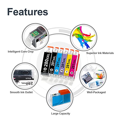 Miss Deer Compatible 280 281 Ink Cartridges, Replacement for Canon PGI-280XXL CLI-281XXL PGI280 CLI281 for Canon PIXMA TS9120 TS8120 TS8220 TS8320 TS8100 TS8200 TS9100 (6 Pack with Photo Blue)