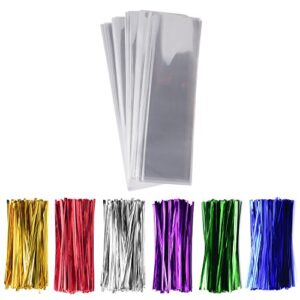 sannigora 300 pack 2" x 10" clear long candy cello cellophane treat bags - 1.4mil thickness opp plastic bags with 6 mix colors twist ties perfect for birthday favor candles pretzel icy candy popsicle