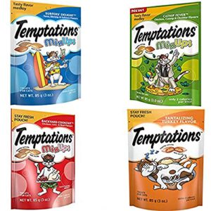 temptations cat treats mix-ups snack treats variety bundle 4 pack (catnip,turkey,backyard cookout & surfer treat flavors)