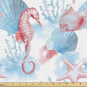 lunarable nautical fabric by the yard, shells sea horse corals fish sandy beach exotic watercolor effect, decorative fabric for upholstery and home accents, 1 yard, white coral