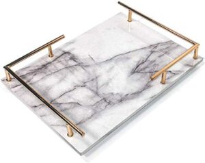 putwo decorative tray, mdf tray with marble print, handmade vanity tray, perfume tray with gold metal handle, trinket tray, catchall tray for dresser bathroom vanity table (gray and white)