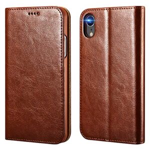 icarercase iphone xr wallet case, premium leather case built-in credit card and cash slots, folio flip cover with kickstand support wireless charging for apple iphone xr (2018) 6.1 inch- brown