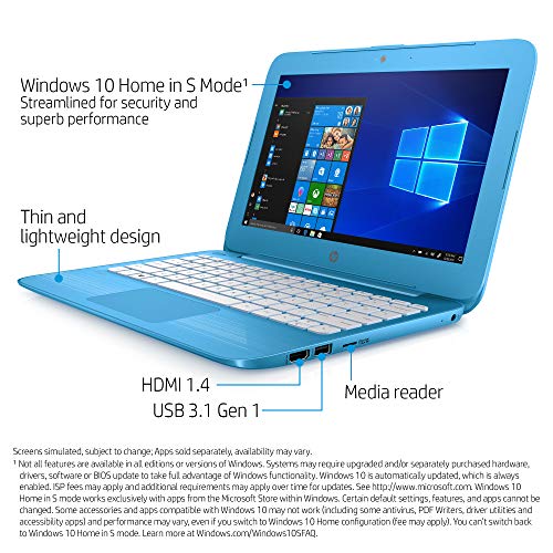 HP Stream 11-inch Laptop, Intel Celeron N3060 Processor, 4 GB SDRAM Memory, 32 GB eMMC storage, Windows 10 Home in S Mode with Office 365 Personal for one year (11-ah010nr, Aqua Blue)