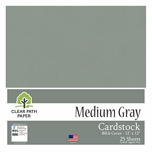 Medium Gray Cardstock - 12 x 12 inch - 80Lb Cover - 25 Sheets - Clear Path Paper