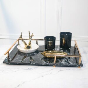 PuTwo Decorative, MDF Marble Print, Handmade Vanity, Perfume Jewelry Metal Handle, Trinket, Catchall Tray, for Dresser Bathroom Table, Black