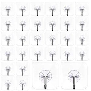 mlici adhesive hooks wall hooks, 24 pack clear hooks transparent reusable seamless hooks, strong sticky rotating wall hangers, 30lb(max) heavy duty hanging hooks for kitchen bathroom