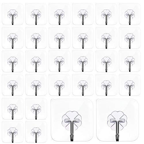 Mlici Adhesive Hooks Wall Hooks, 24 Pack Clear Hooks Transparent Reusable Seamless Hooks, Strong Sticky Rotating Wall Hangers, 30lb(Max) Heavy Duty Hanging Hooks for Kitchen Bathroom