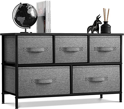 Sorbus Dresser with 5 Drawers - Storage Chest Organizer Unit with Steel Frame, Wood Top, Easy Pull Fabric Bins - Long Wide TV Stand for Bedroom Furniture, Hallway, Closet & Office Organization