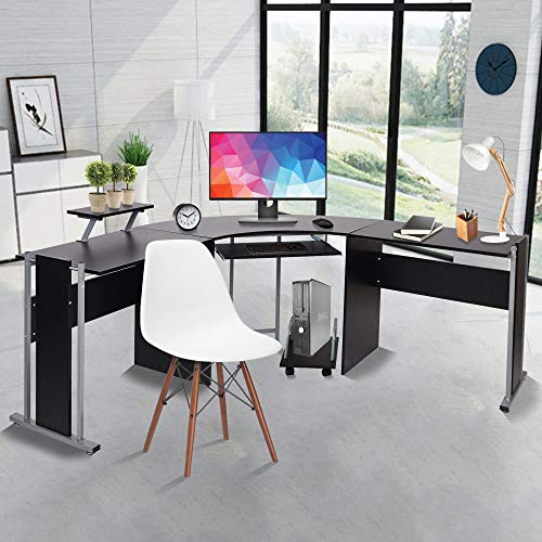 LUCKYERMORE 71" L-Shaped Gaming Desk -Large Desktop 22” Wide Wood Curved Corner Desk -Sturdy Computer Desks PC Laptop Table Workstation for Home Office, Black