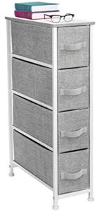 sorbus narrow dresser with 4 drawers - vertical slim storage chest of drawers with steel frame, wood top & easy pull fabric bins for small spaces, closets, bedroom, bathroom & laundry (white/gray)