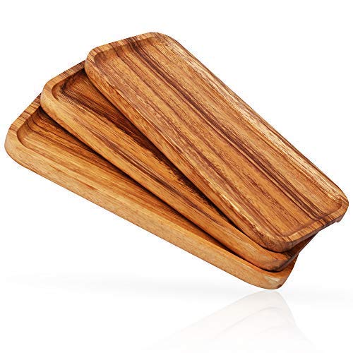 11.8 Inch Solid Wood Serving Platters and Trays Set of 3 Highly Durable Dishwasher Safe Rectangular Party Plates Avoid Sliding and Spilling Food with Easy Carry Grooved Handle Design