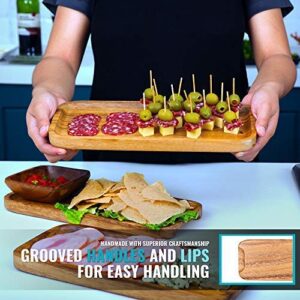 11.8 Inch Solid Wood Serving Platters and Trays Set of 3 Highly Durable Dishwasher Safe Rectangular Party Plates Avoid Sliding and Spilling Food with Easy Carry Grooved Handle Design