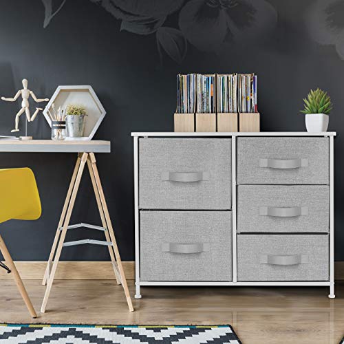 Sorbus Dresser with 5 Drawers - Furniture Storage Tower Unit for Bedroom, Hallway, Closet, Office Organization - Steel Frame, Wood Top, Easy Pull Fabric Bins (White/Gray)