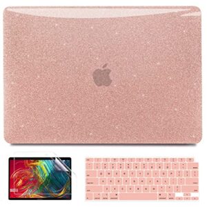 anban compatible with macbook air 13 inch case 2021 2020 2019 2018 release a2337 m1 a2179 a1932 with touch id, glitter leather laptop hard shell case with keyboard cover, sparkle hot pink