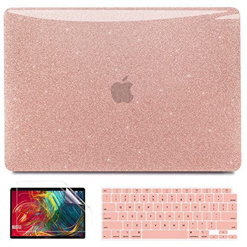 Anban Compatible with MacBook Air 13 inch Case 2021 2020 2019 2018 Release A2337 M1 A2179 A1932 with Touch ID, Glitter Leather Laptop Hard Shell Case with Keyboard Cover, Sparkle Hot Pink