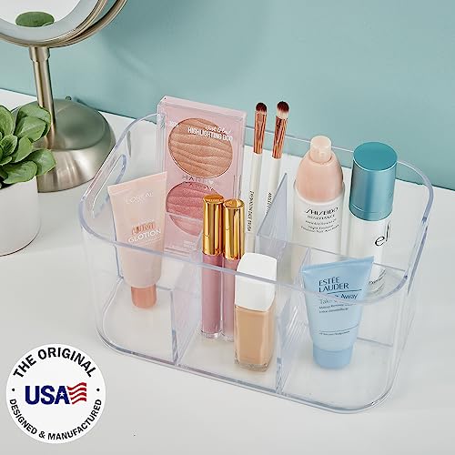 STORi Bliss 5-Compartment Plastic Cosmetic Organizer | Clear | Rectangular Divided Makeup Bin & Vanity Storage Caddy with Pass-Through Handles | Round Corner Design | Made in USA