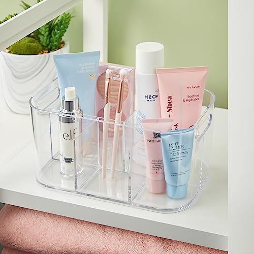 STORi Bliss 5-Compartment Plastic Cosmetic Organizer | Clear | Rectangular Divided Makeup Bin & Vanity Storage Caddy with Pass-Through Handles | Round Corner Design | Made in USA