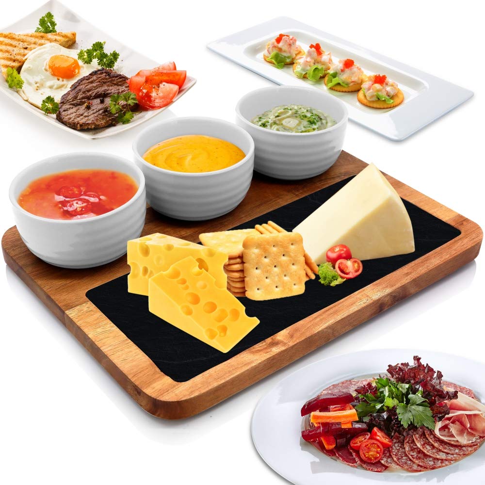 Nutrichef Cheese & Snack Presentation Platter-Sauce Bowls and Wood Serving Tray Set with Slate Stone, One Size, Brown