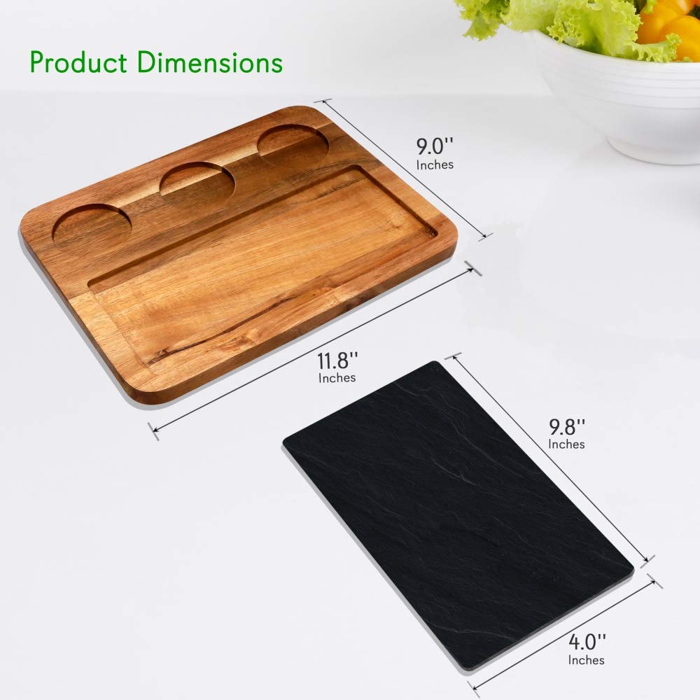 Nutrichef Cheese & Snack Presentation Platter-Sauce Bowls and Wood Serving Tray Set with Slate Stone, One Size, Brown