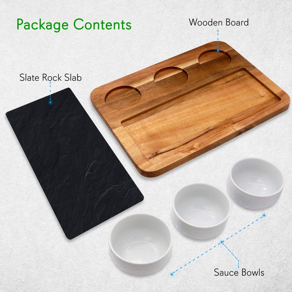Nutrichef Cheese & Snack Presentation Platter-Sauce Bowls and Wood Serving Tray Set with Slate Stone, One Size, Brown