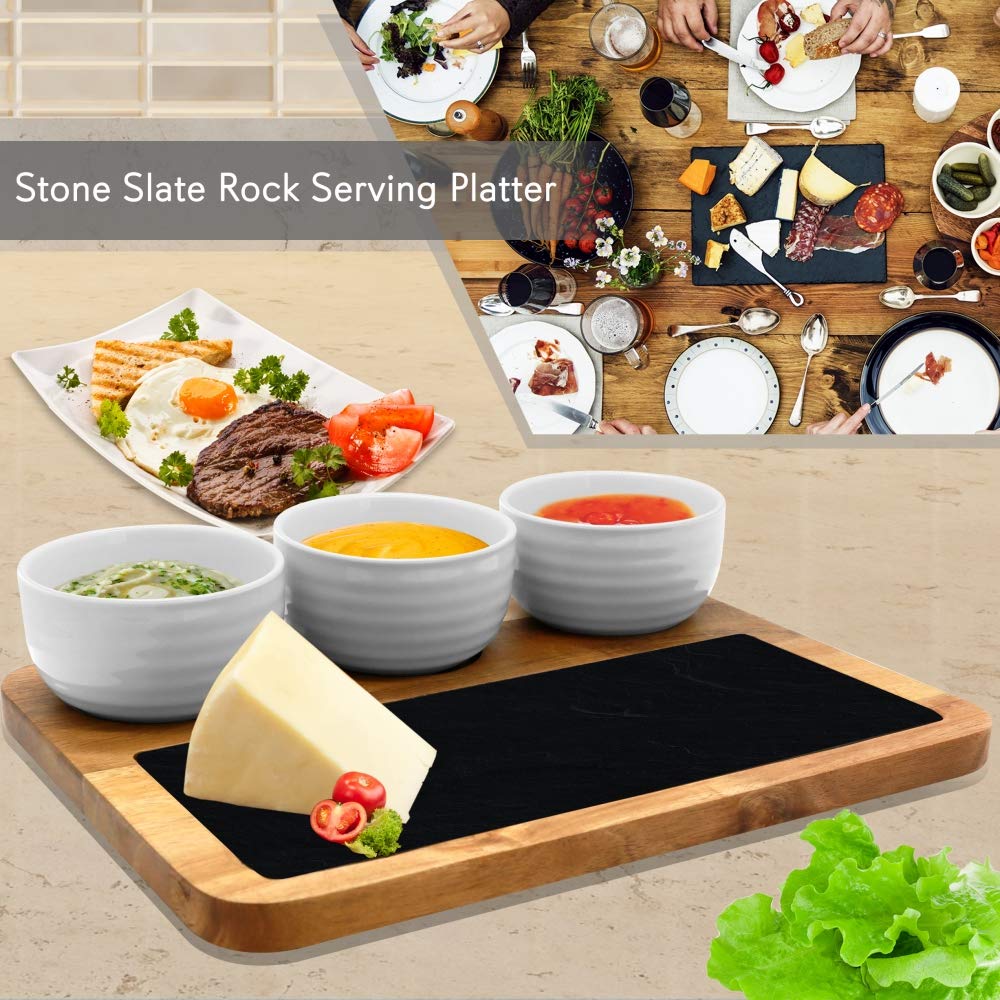 Nutrichef Cheese & Snack Presentation Platter-Sauce Bowls and Wood Serving Tray Set with Slate Stone, One Size, Brown