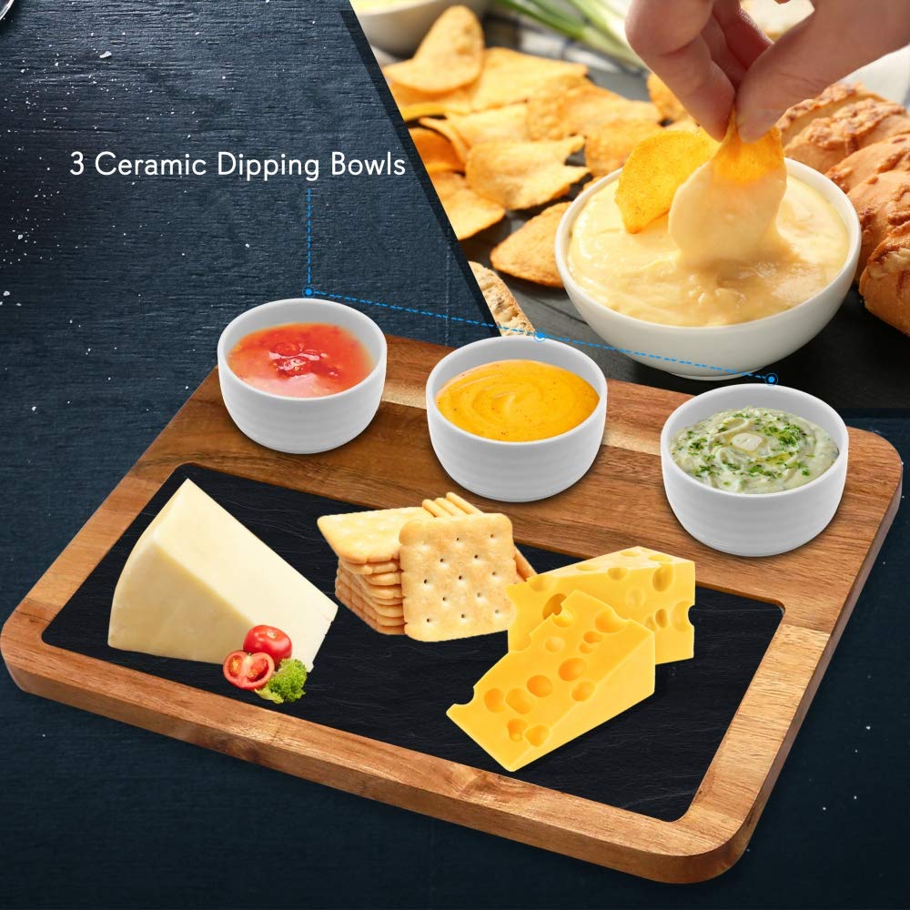 Nutrichef Cheese & Snack Presentation Platter-Sauce Bowls and Wood Serving Tray Set with Slate Stone, One Size, Brown