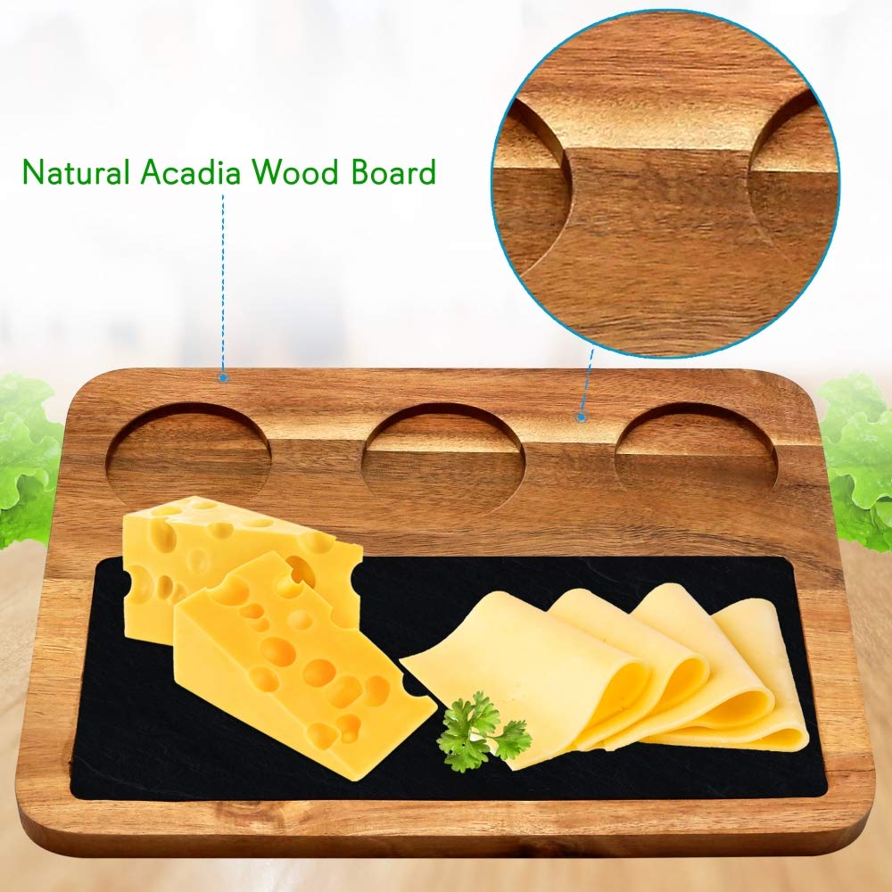 Nutrichef Cheese & Snack Presentation Platter-Sauce Bowls and Wood Serving Tray Set with Slate Stone, One Size, Brown