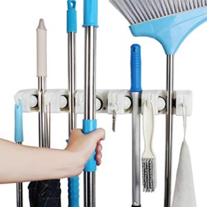 qtjh broom and mop holder wall mounted storage cleaning tools commercial mop rack closet organizer tool hanger for kitchen garden laundry room and garage,handles up to 1.41-inches (write, one 5slots)