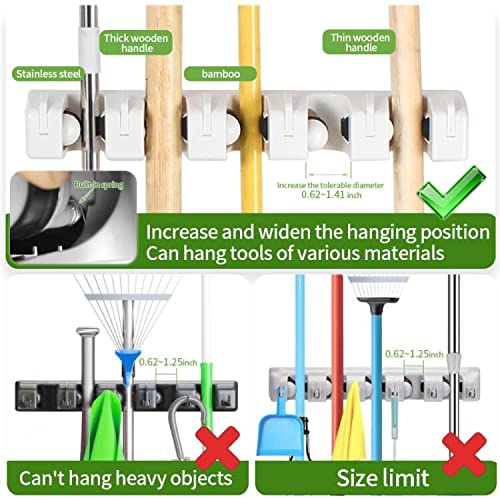 QTJH broom and mop holder wall mounted Storage cleaning Tools Commercial Mop Rack closet organizer tool hanger for Kitchen Garden laundry room and Garage,Handles Up to 1.41-Inches (write, one 5slots)