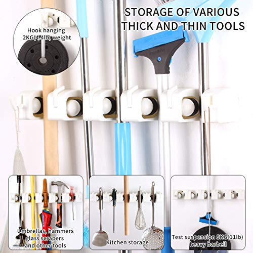 QTJH broom and mop holder wall mounted Storage cleaning Tools Commercial Mop Rack closet organizer tool hanger for Kitchen Garden laundry room and Garage,Handles Up to 1.41-Inches (write, one 5slots)