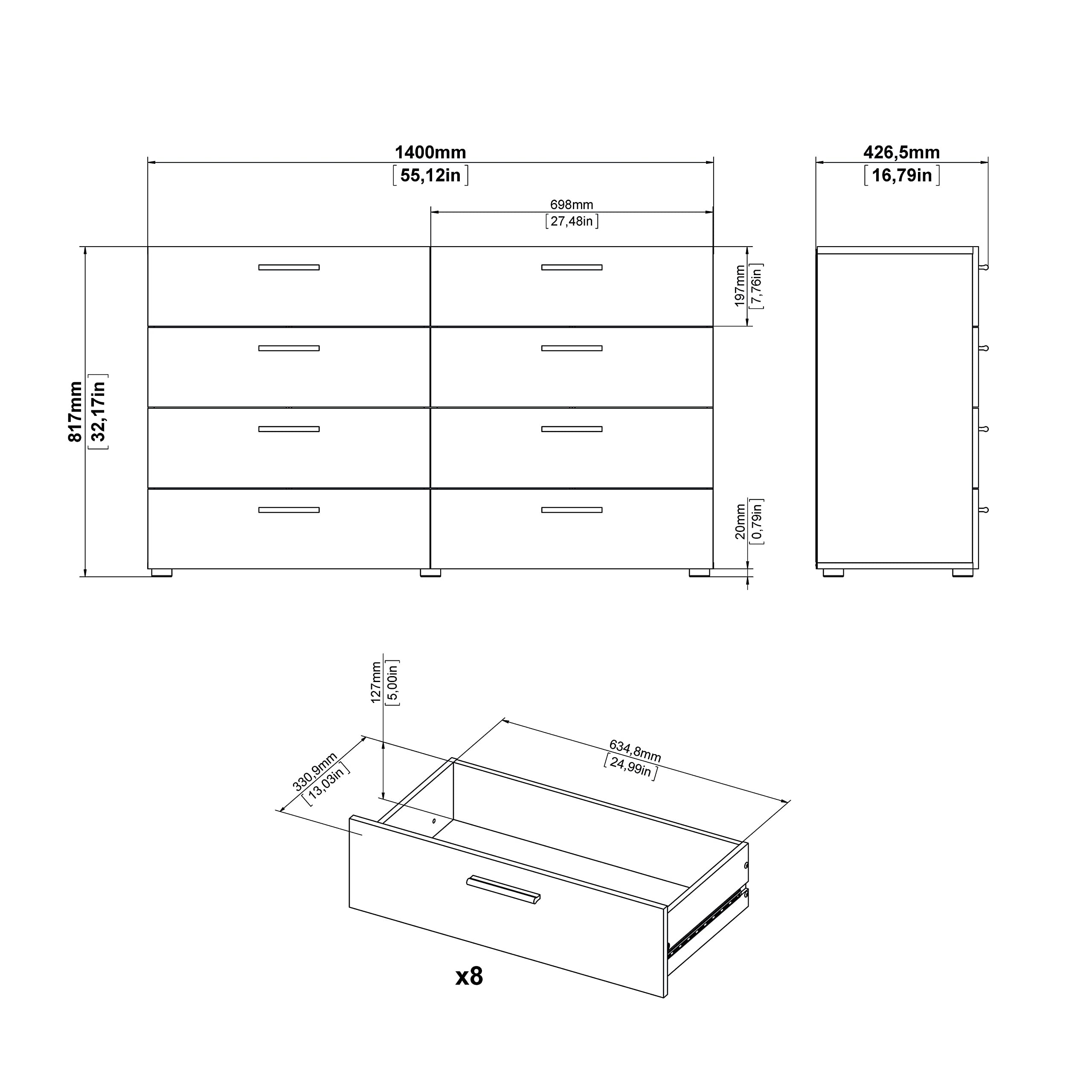 Tvilum Austin 8 Drawer Double Dresser, Oak Structure/White High Gloss