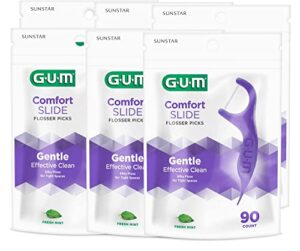 gum - 887dd comfort slide flossers for tight spaces, fresh mint, dental floss picks, 90 count (pack of 6)
