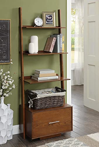 Convenience Concepts 3 tier American Heritage Ladder Bookcase with File Drawer, Dark Walnut