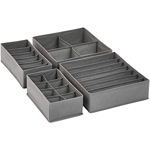 Amazon Basics Dresser Drawer Storage Organizer for Undergarments, Set of 4 - Gray