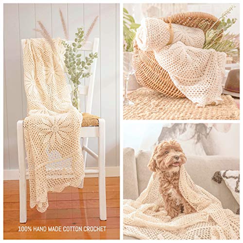 Zenviro Boho Throw Blanket - Beige, Cream Crochet Blankets - Hand Knitted Blanket - Couch Sofa Bed Blanket - Vintage Lace Blanket (50"x60")