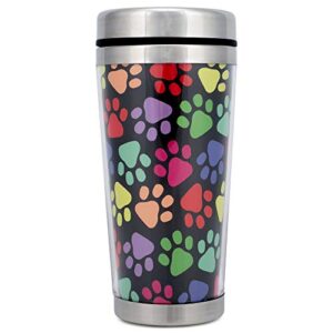 elanze designs colorful paw prints on black 16 oz stainless steel travel mug