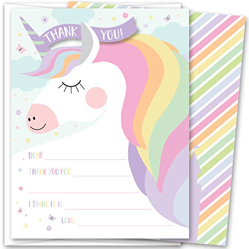 Koko Paper Co Magical Unicorn Fill-in-the-Blanks Thank You Notes. Set of 25 5.5” x 4.25” Flat Note Cards and A2 White Envelopes. Printed on Heavy Card Stock.