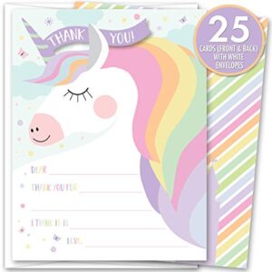 Koko Paper Co Magical Unicorn Fill-in-the-Blanks Thank You Notes. Set of 25 5.5” x 4.25” Flat Note Cards and A2 White Envelopes. Printed on Heavy Card Stock.