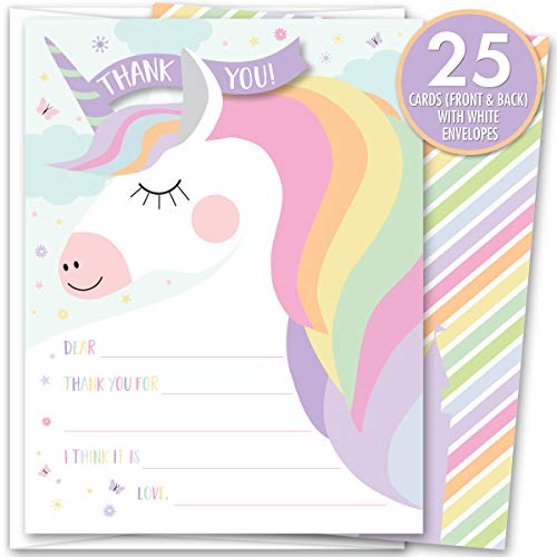 Koko Paper Co Magical Unicorn Fill-in-the-Blanks Thank You Notes. Set of 25 5.5” x 4.25” Flat Note Cards and A2 White Envelopes. Printed on Heavy Card Stock.