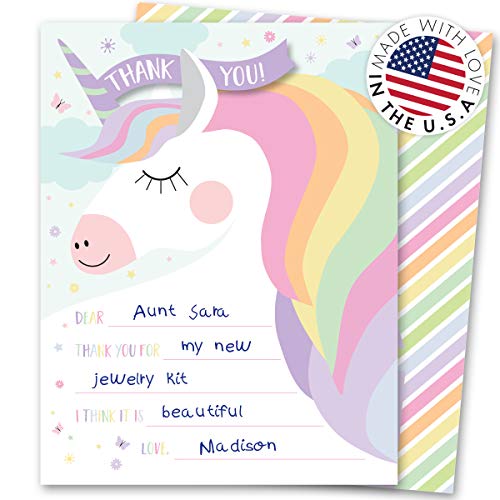 Koko Paper Co Magical Unicorn Fill-in-the-Blanks Thank You Notes. Set of 25 5.5” x 4.25” Flat Note Cards and A2 White Envelopes. Printed on Heavy Card Stock.