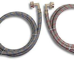 Premium Stainless Steel Washing Machine Hoses with 90 Degree Elbow, 6 Ft Burst Proof (2 Pack) Red and Blue Striped Water Connection Inlet Supply Lines