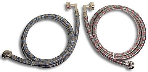 Premium Stainless Steel Washing Machine Hoses with 90 Degree Elbow, 6 Ft Burst Proof (2 Pack) Red and Blue Striped Water Connection Inlet Supply Lines