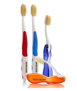 mouthwatchers dr plotkas extra soft flossing toothbrush, 2 manual soft toothbrushes for adults + 2 folding travel toothbrushes, good for sensitive teeth and gums, 4 pack - colors vary