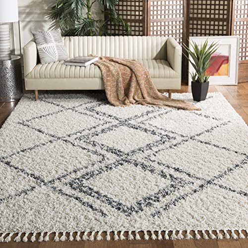 SAFAVIEH Pro Luxe Shag Collection Area Rug - 8' x 10', Cream & Blue, Moroccan Boho Tassel, Non-Shedding & Easy Care, 2.4-inch Thick Ideal for High Traffic Areas in Living Room, Bedroom (PLX432A)