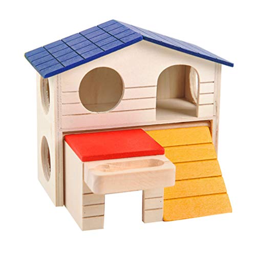 Floralby Double Layer Wooden Hamster House with Food Groove Mice Squirrel Hidden Play Villa Toy