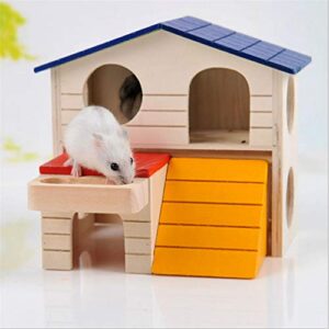 Floralby Double Layer Wooden Hamster House with Food Groove Mice Squirrel Hidden Play Villa Toy